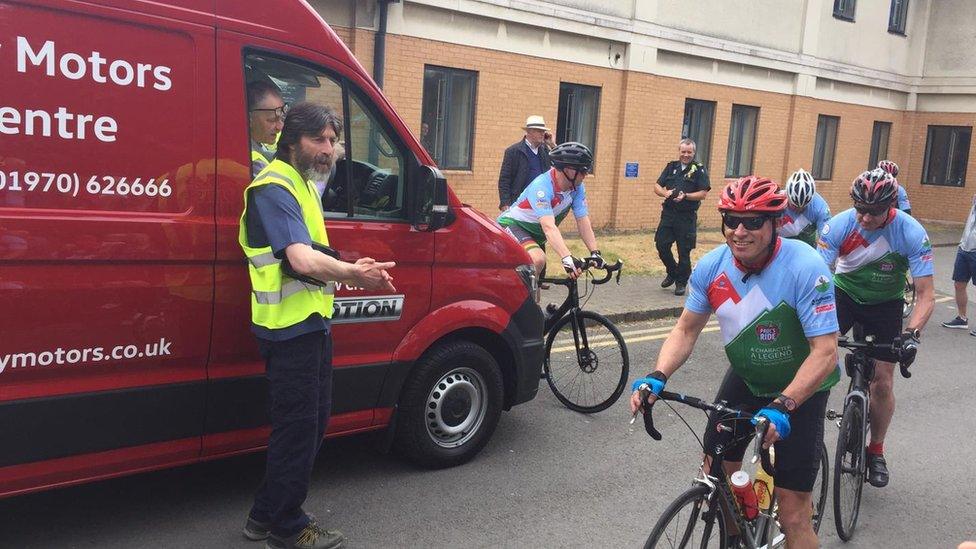 Riders set off on Paul's Ride from Bronglais Hospital in Aberystwyth, Ceredigion