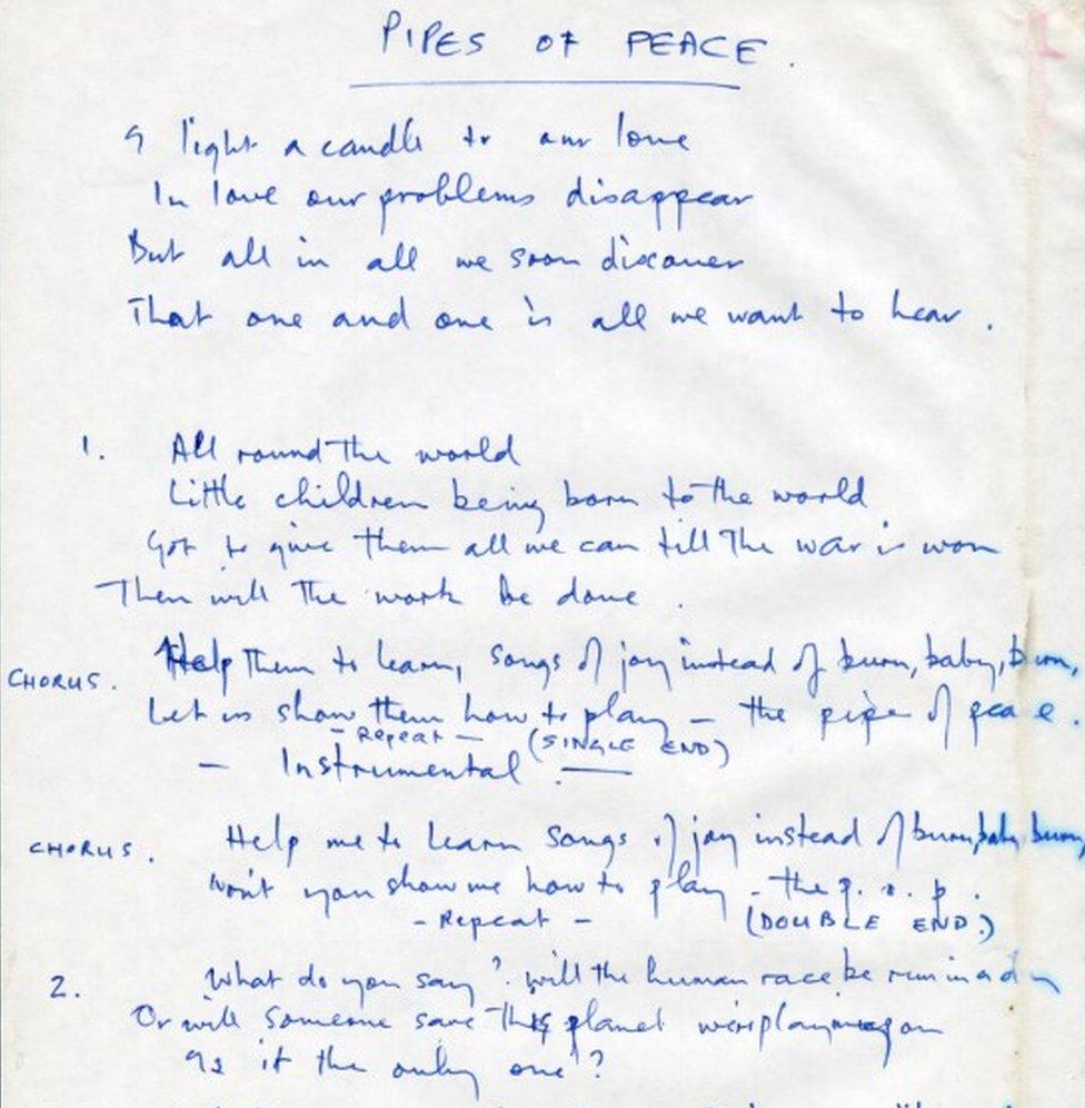 Lyric sheet for Pipes of Peace, written by Paul McCartney (detail)