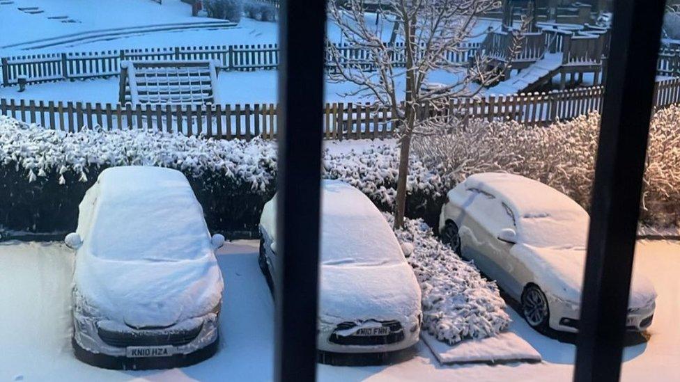 Snow on cars in Tunbridge Wells, Kent