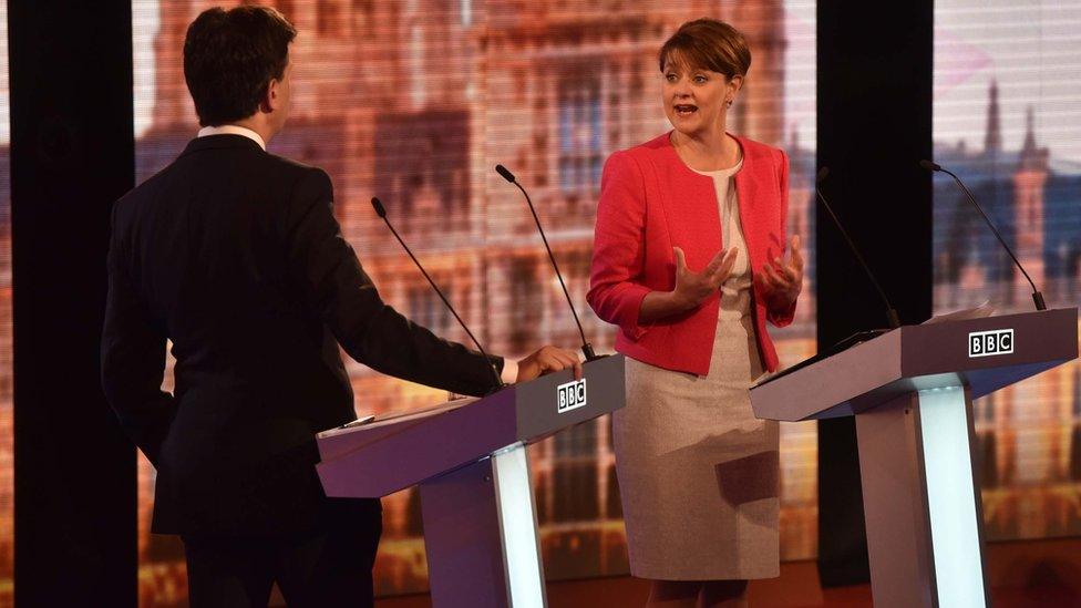 Leanne Wood and Ed Miliband in a televised opposition party leaders' debate in 2015