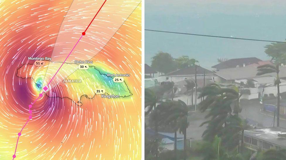 A split image of a colourised satellite image of the hurricane on the left and a windswept scene in Jamaica on the right
