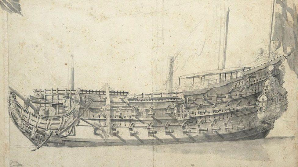 A sepia coloured dark line drawing of the London, a Cromwellian era warship, about five years before it blew up. It shows a side view of the ship, with three rows of guns/canons sticking out of the sides. It is sitting in water. The masts are faded out. There is no rigging, there are no sails.