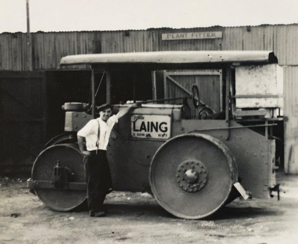 A steamroller used in the construction of the base