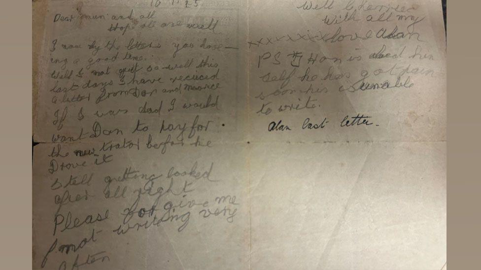 A sepia toned letter written in faded pencil addressed to Mum and all and dated 10.11.45. Inscribed in ink on the right is Alan's last letter.