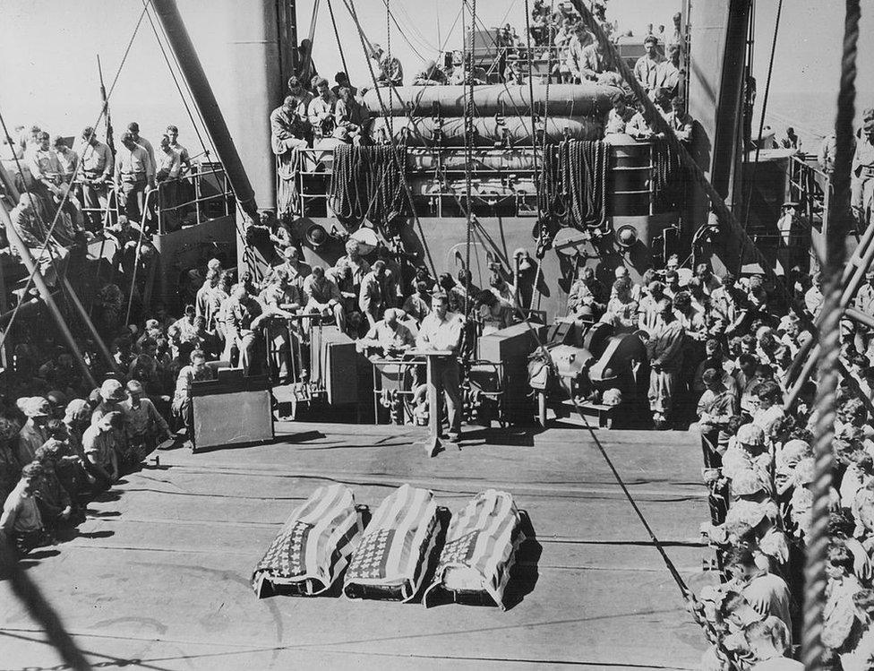 A burial-at-sea for US marines killed in the Battle of Tarawa