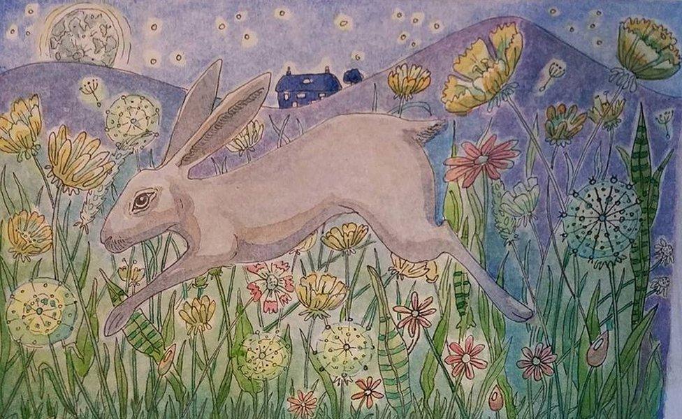 Card2Kendal postcard of rabbit in field illustration