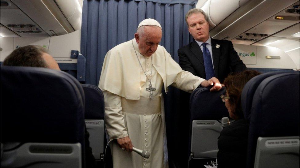 Pope Francis addresses journalists on the Papal plane returning from Dublin to Rome, 26 August 2018