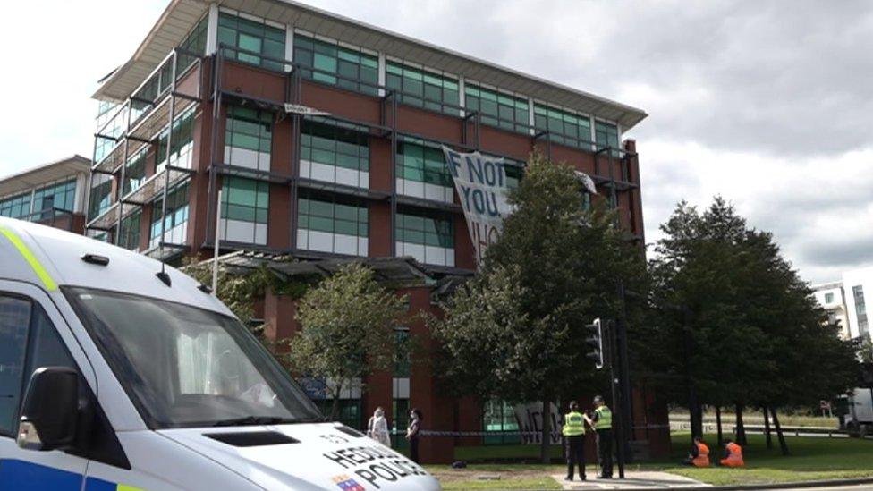 Banner on Welsh secretary's office