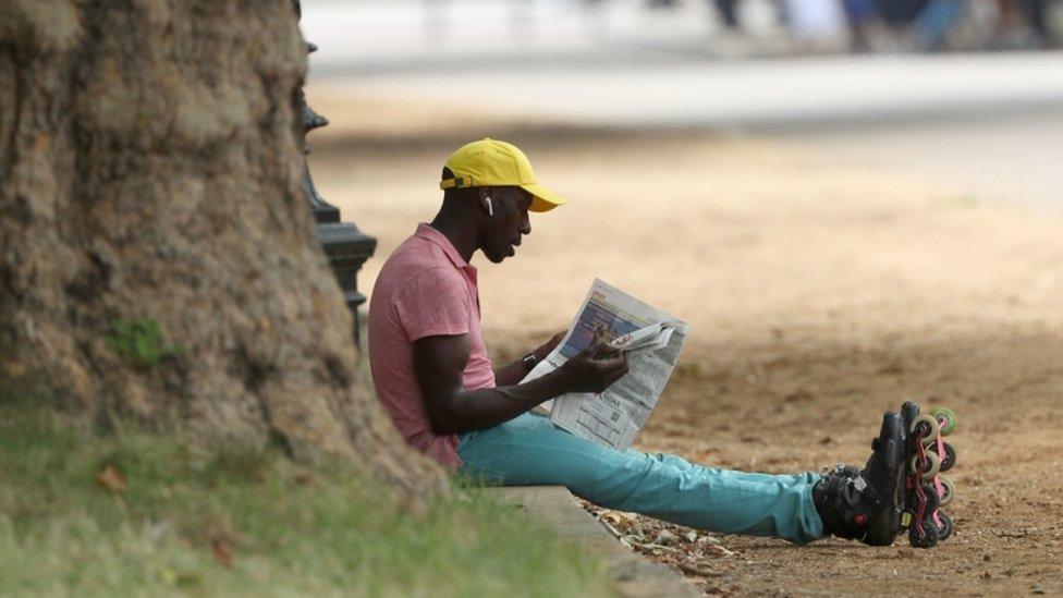 Man sitting by tree with roller blades on in Hyde Park