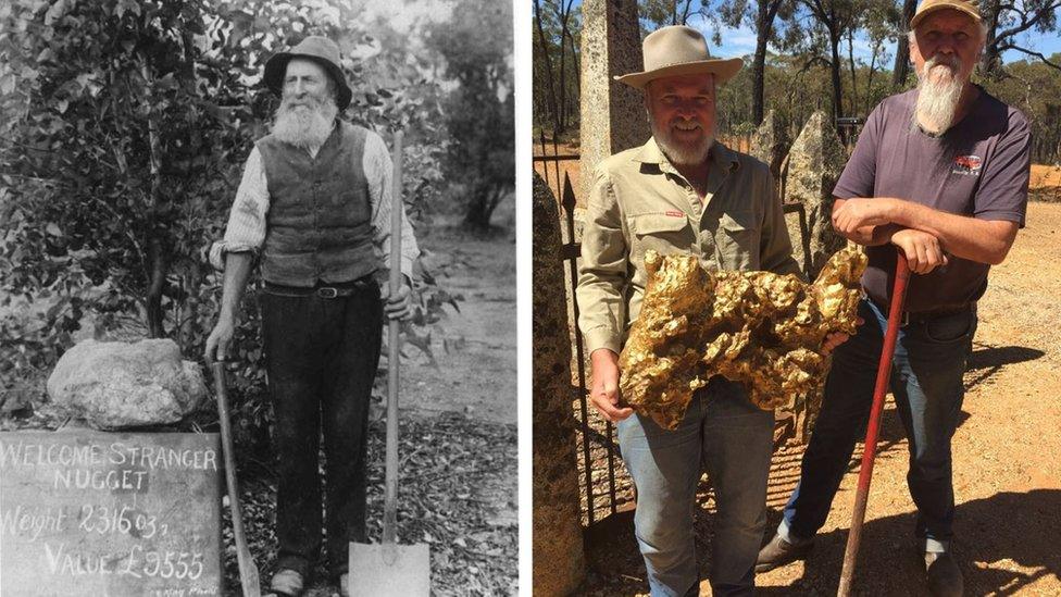 John Deason with a replica of the Welcome Stranger. R - A modern day replica, and the original crowbar