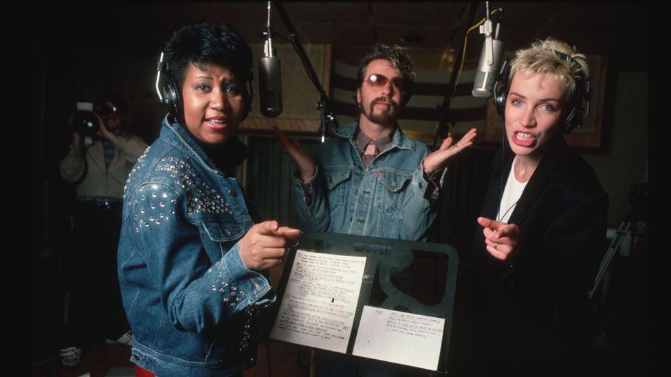 Aretha Franklin with Dave Stewart and Annie Lennox in 1985