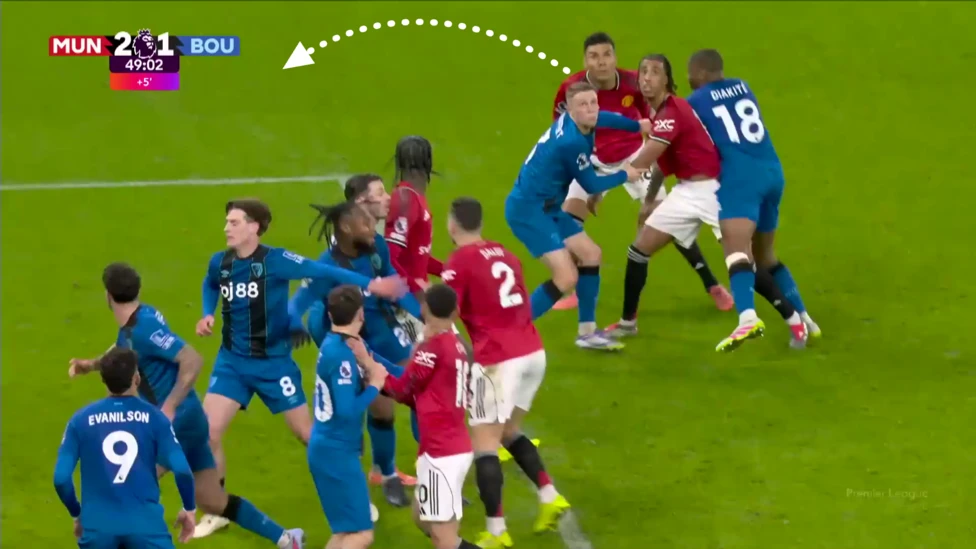 Screengrab showing Yoro blocking the run of Bournemouth player Diakite, who then loses Casemiro, the player he is marker, before Casemiro's headed goal.