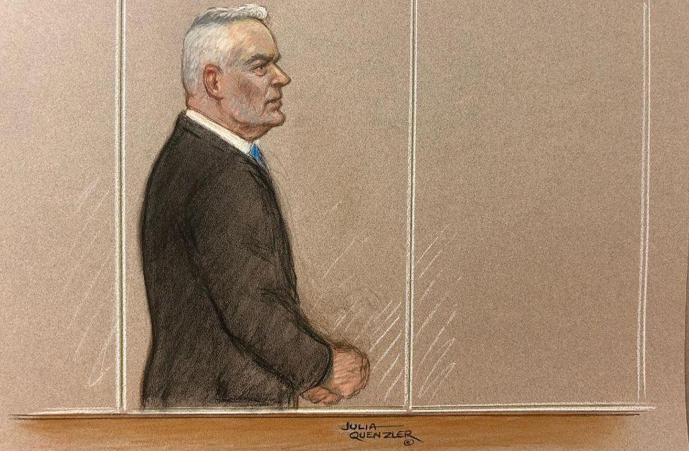 Court sketch of Huw Edwards in Westminster Magistrates' Court - 31 July 2024. The former BBC senior news presenter, pleaded guilty to three counts of making indecent images of children. He was arrested last November and charged last month. He will be sentenced on 16 September and a probation report will be compiled.