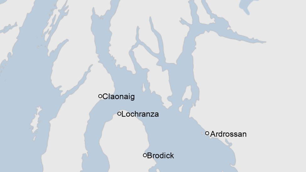 Map showing Arran ferry routes