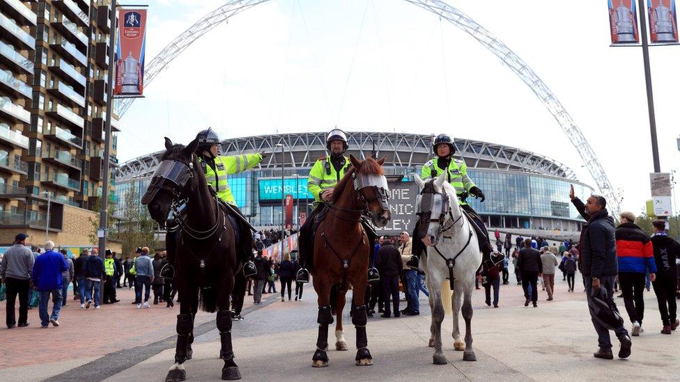 Police horses outside Wembley Stadium before a 2018 FA Cup semi-final