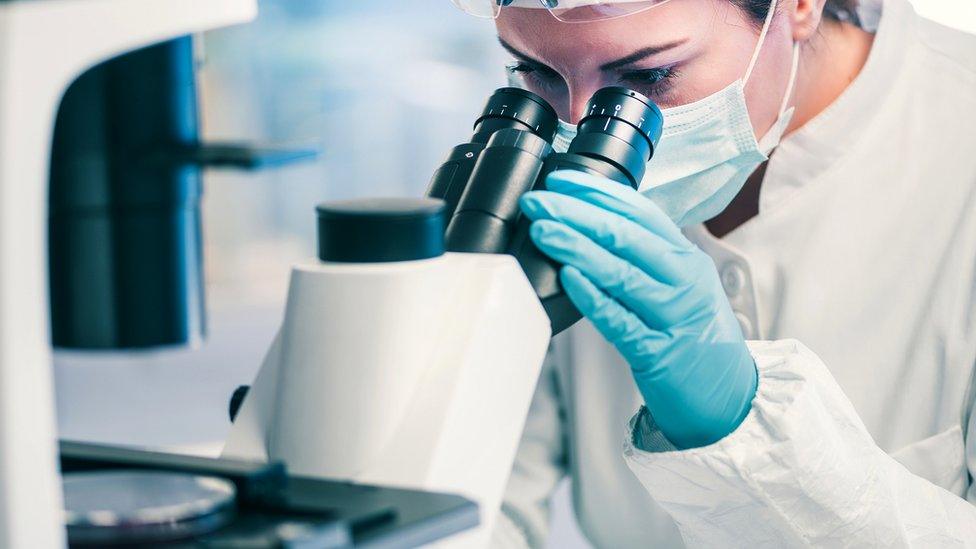 Woman looking into microscope