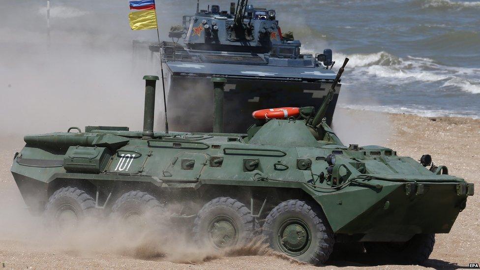 Russian BTR-80 (front) seen here in war games in Kaspiysk, Russia, 05 August 2015