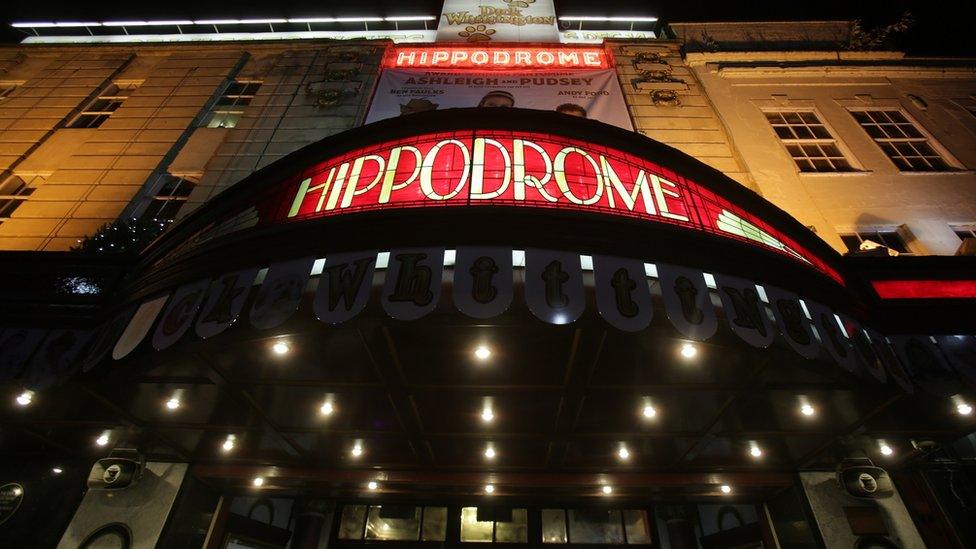 Exterior shot of the Bristol Hippodrome entrance at night