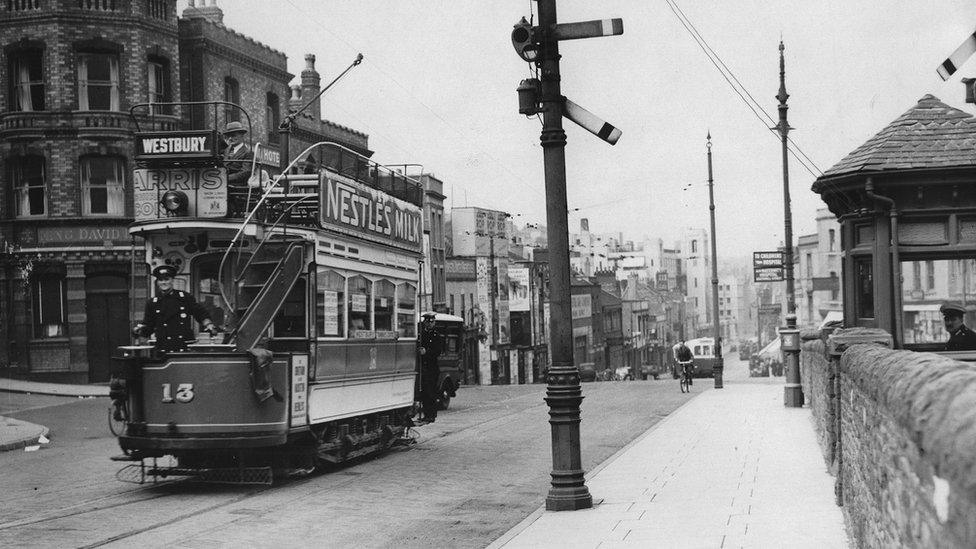 A tram on Colston Street in Bristol in 1941