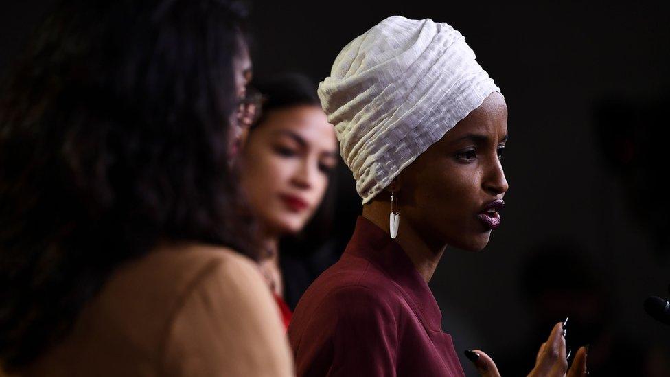 Representatives Ilhan Omar speaks at a press conference with her three Democratic colleagues