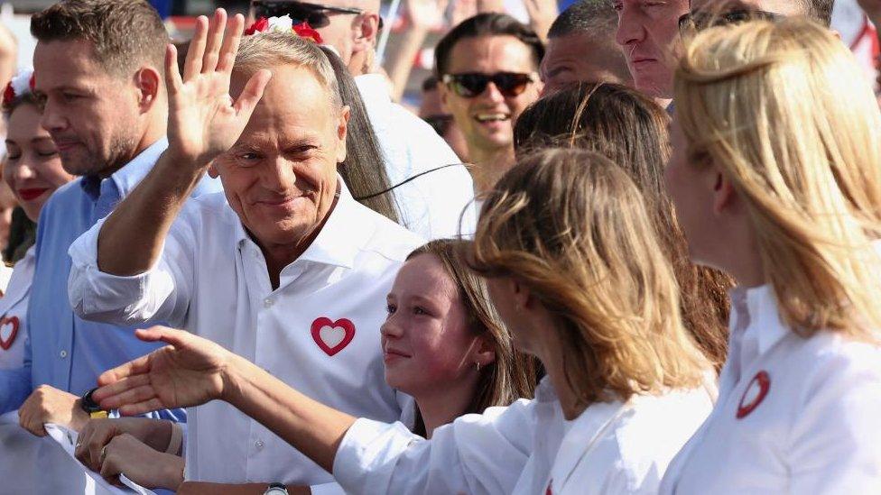 Donald Tusk, the leader of the largest opposition grouping Civic Coalition (KO) and Rafal Trzaskowski, mayor of Warsaw attend the "Marsz Miliona Serc" rally, in Warsaw, Poland, October 1