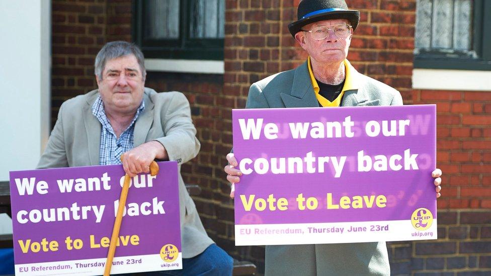 UKIP supporters holding Leave placards