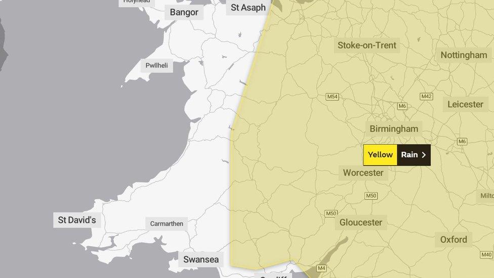 Map for yellow weather warning for rain