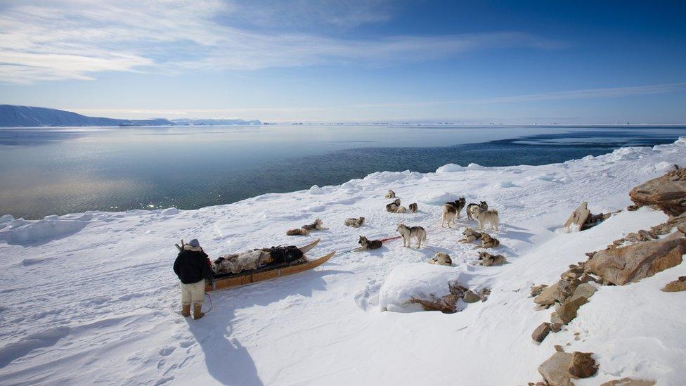 Heliwr Inuit yn edrych tua'r dŵr lle gorweddai rew ynghynt