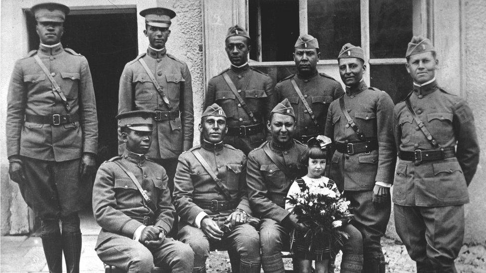 Officers of the "Buffalos," 367th Infantry, 77th Division in France. Ca. 1918. IFS. (War Dept.) Exact Date Shot Unknown NARA FILE #: 165-WW-127-1147