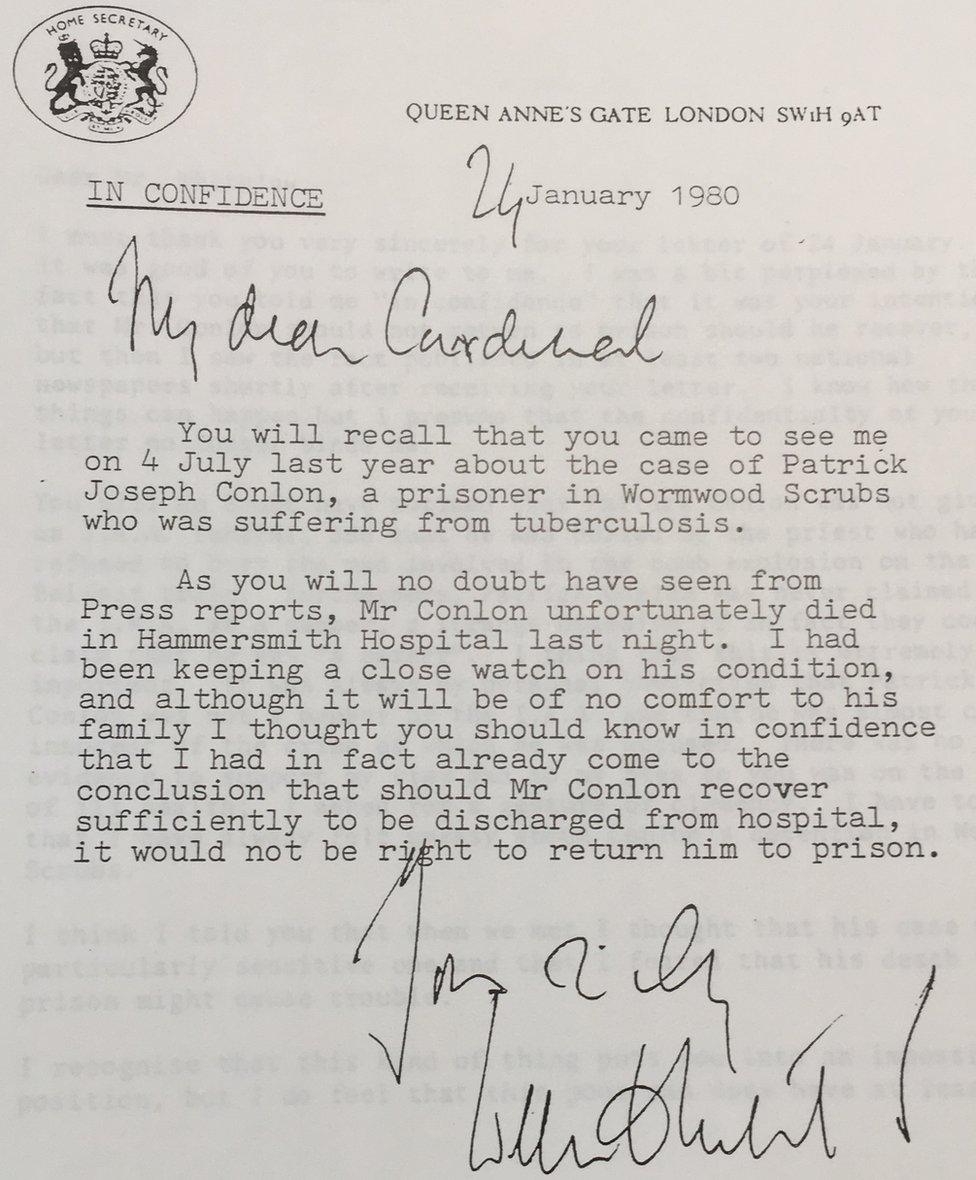 Letter from William Whitelaw to Cardinal Basil Hume on 24 January 1980