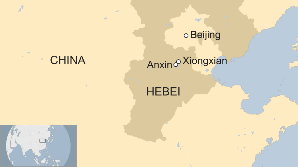 Map of Xiongxian and Anxin in Hebei province in China