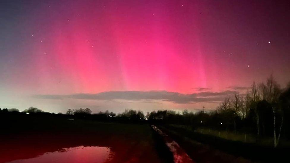 A lake at Burstwick reflects the vivid reds of the Northern Lights seen above the trees