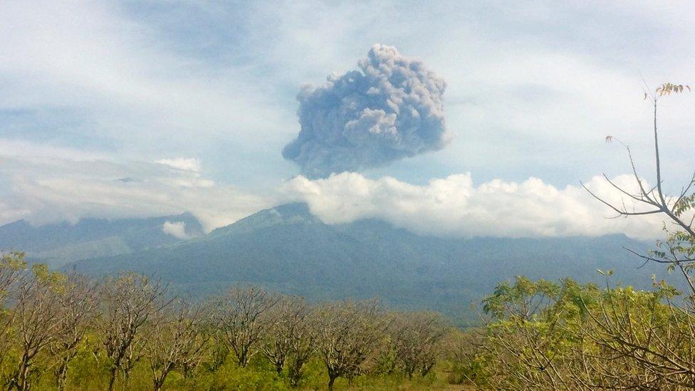 Mount Barujari, located inside Mount Rinjani volcano, is seen erupting from Bayan district, North Lombok, Indonesia in this September 27, 2016 photo taken by Antara Foto.