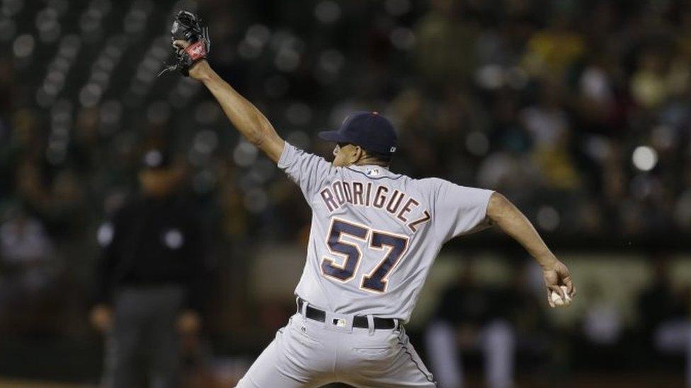 Detroit Tigers pitcher Francisco Rodriguez works against the Oakland Athletics during the ninth inning of a baseball game Friday, May 27, 2016