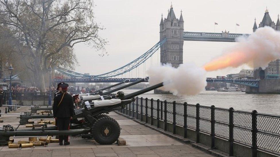 Royal gun salute with Tower Bridge in background