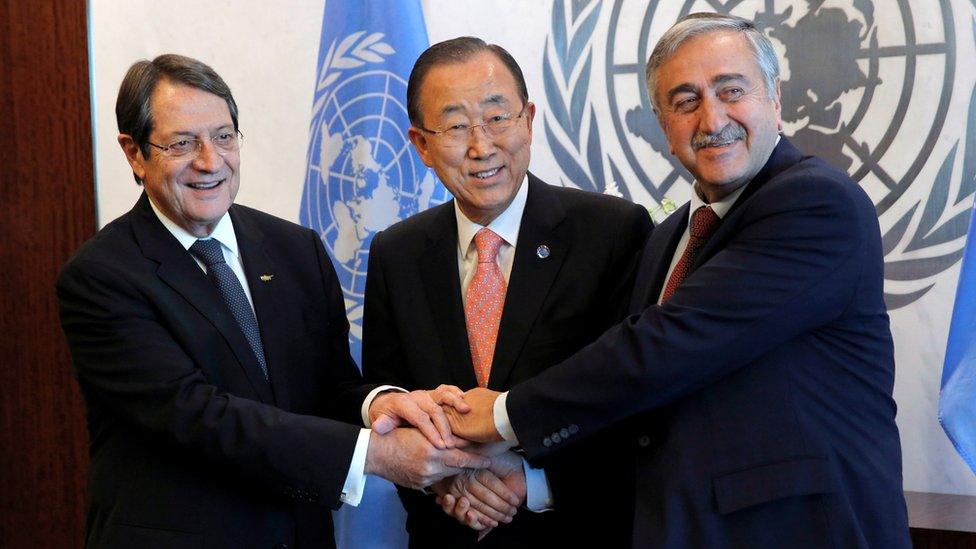 Cyprus" President Nicos Anastasiades and Turkish Cypriot leader Mustafa Akinci attend a meeting with United Nations Secretary-General Ban Ki-moon at the United Nations in Manhattan, New York, U.S., September 25, 2016.