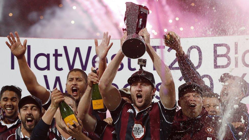 Alex Wakely celebrates with the trophy and team mates after winning the NatWest T20 Blast Final