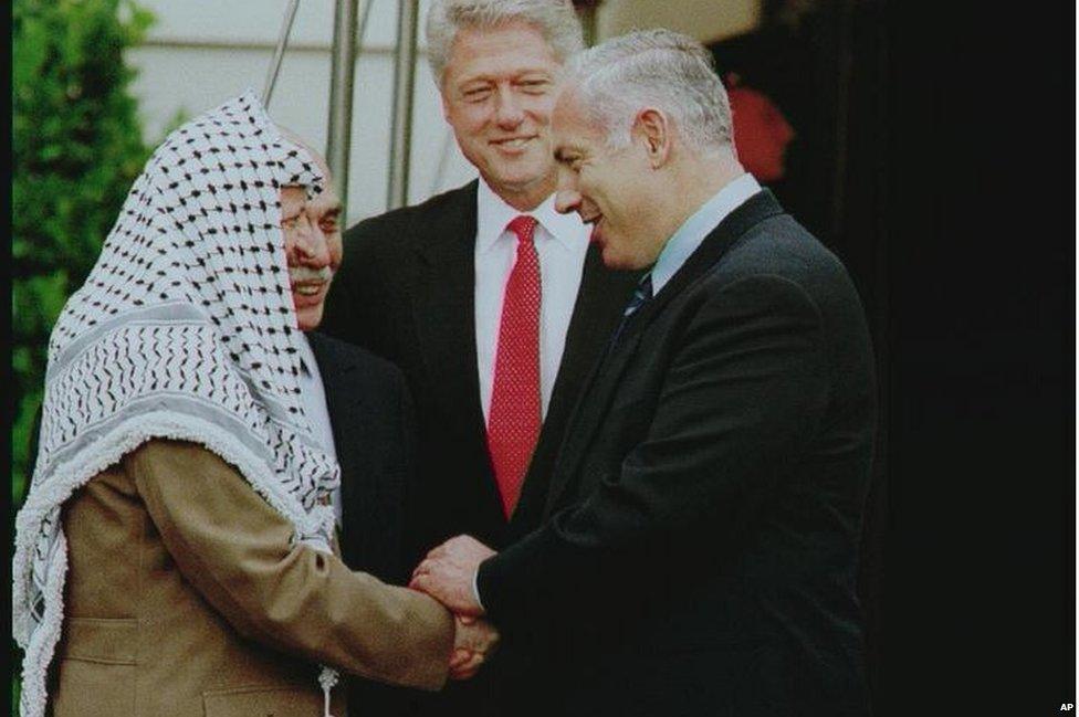 Yasser Arafat and Benjamin Netanyahu