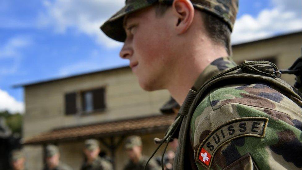 Close up of a Swiss army recruit during training