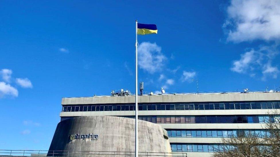 A Ukrainian flag flies above Shropshire Council