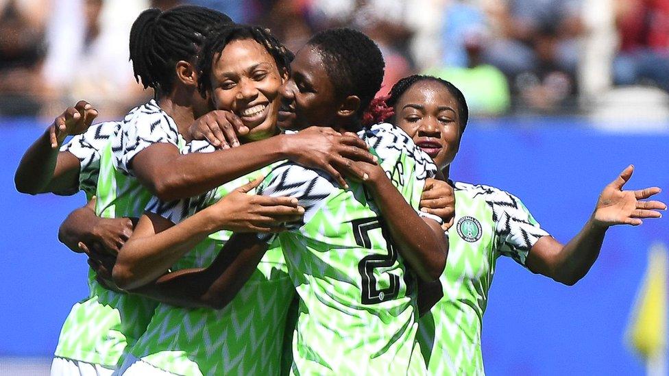 Nigeria's players celebrate scoring against South Korea at the Women's World Cup