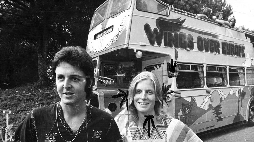 Paul and Linda McCartney with the Wings Over Europe bus