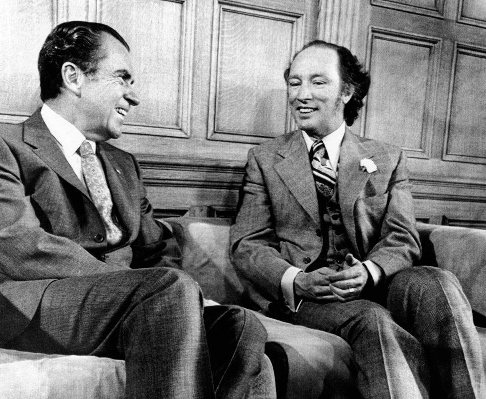 President Richard Nixon (left) and Canadian Prime Minister Pierre Trudeau in his Parliament Hill office. April 14, 1972.