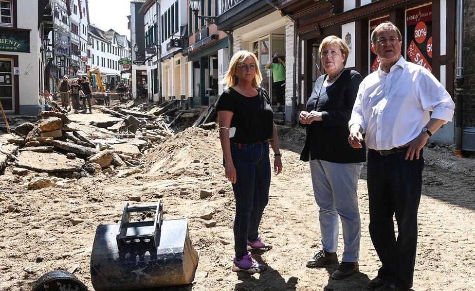 Chancellor Merkel visiting Bad Münstereifel with CDU's Armin Laschet (R)