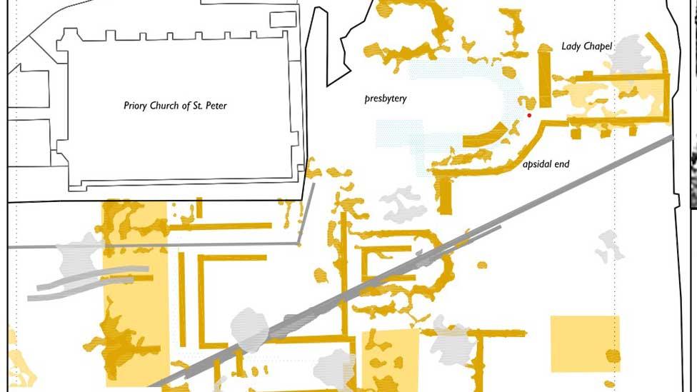 Map of the walls and ditches of buried buildings surrounding the standing remains of the Priory Church interpreted from the Ground Penetrating Survey data