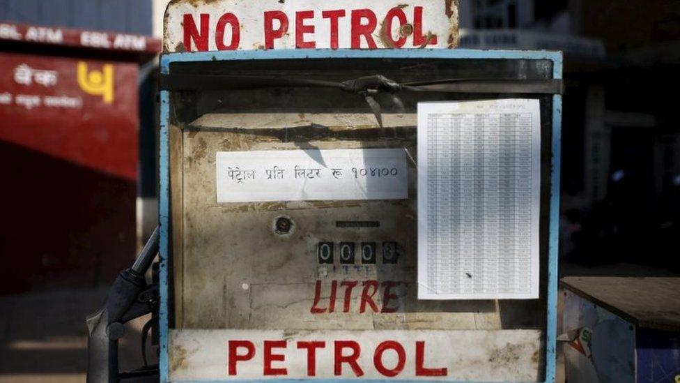 A sign reading "no petrol" is pictured at a petrol pump as fuel crisis continues in Kathmandu (01 October 2015)