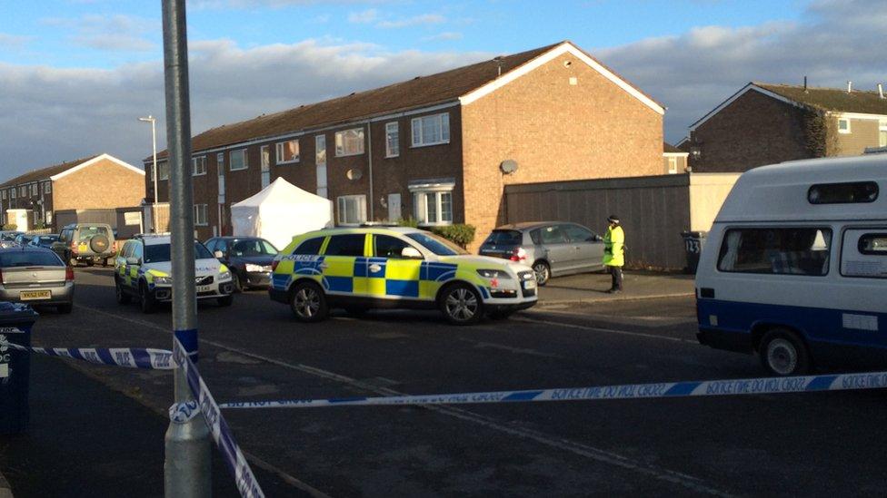 Tent and cordon outside a property in Duck Lane, St Neots