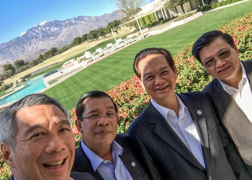 "Wefie" posted by Singapore PM Lee Hsien Loong with Cambodian PM Hun Sen, Vietnamese PM Nguyen Tan Dung, and Laotian DPM and Foreign Minister Thongloun Sisoulith