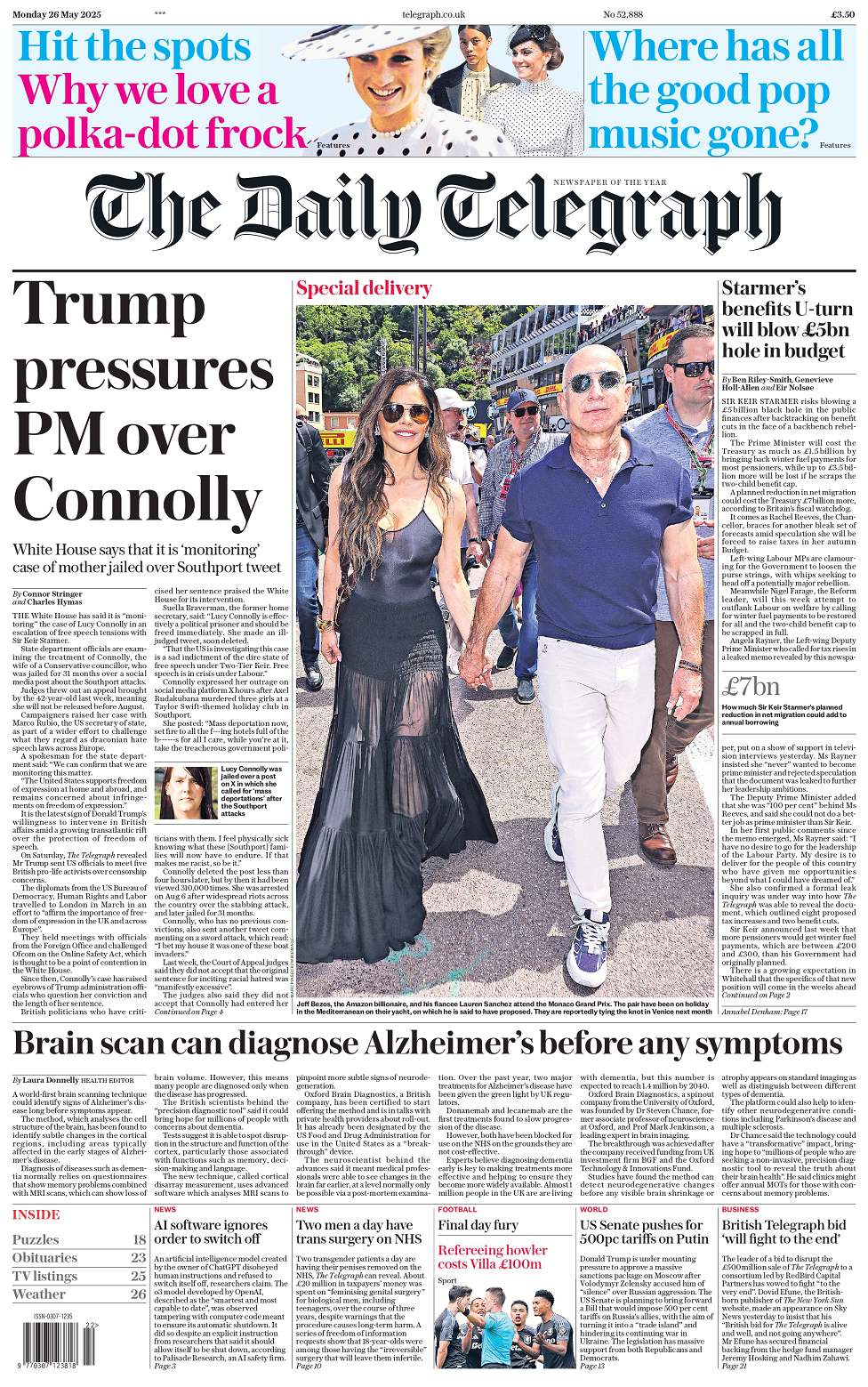 Daily Telegraph headline reads: Trump pressures PM over Connolly