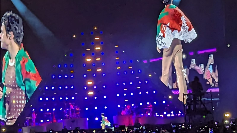 Harry Styles wearing a wales flag on stage